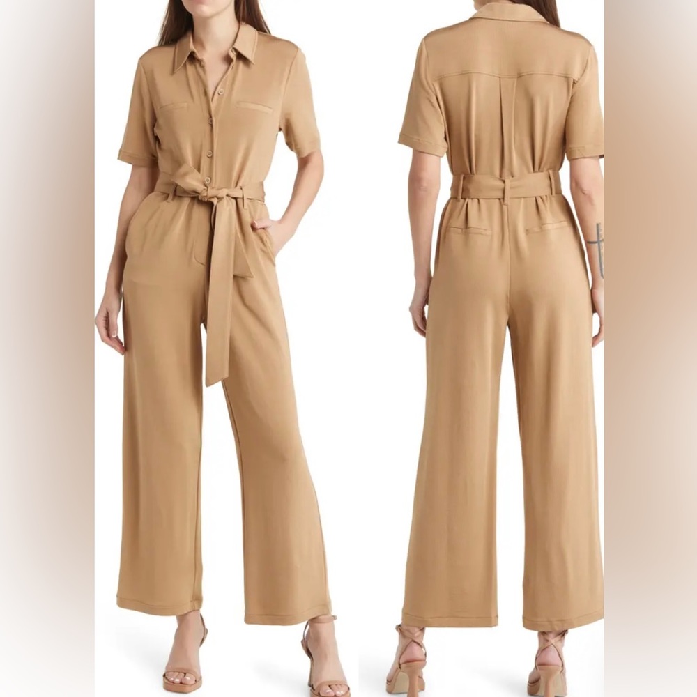 & Other Stories Belted Short Sleeve Jumpsuit Beige Brown Tan Womens 4
